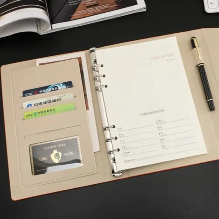 Classeur A5 à 6 anneaux avec papier ligné et pochette de rangement multifonctionnelle pour cartes