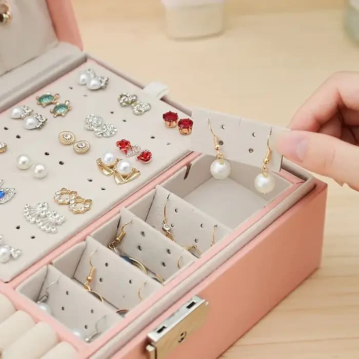 Boîte à bijoux Double couche, boîte à bagues, boîtes à bijoux avec serrures, organisateur de rangement de bijoux en cuir PU et étui de maquillage