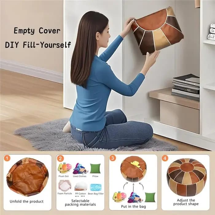 A76X-Pouf de rangement marocain en similicuir non rembourré