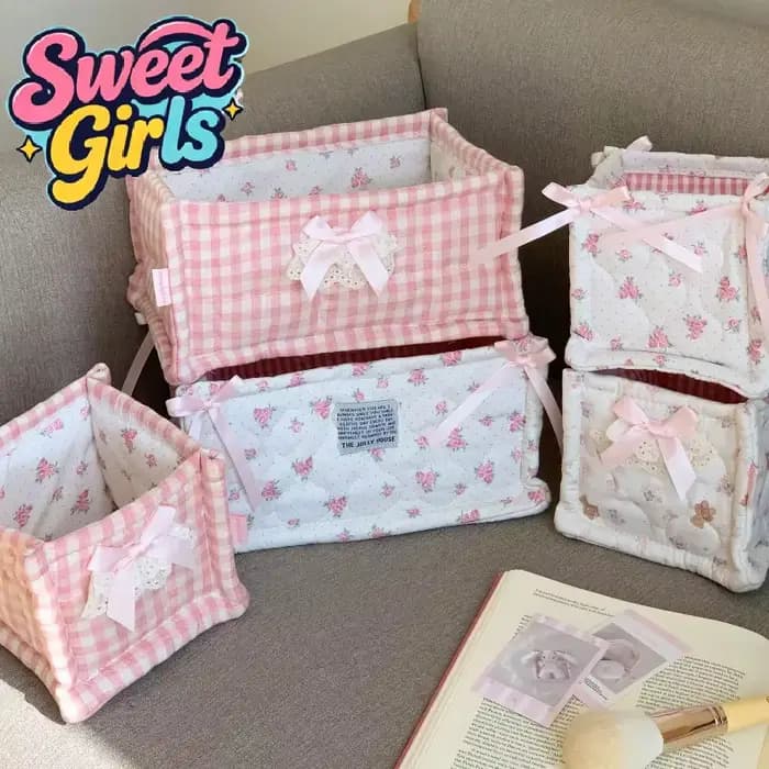 Panier de rangement matelassé pliable en tissu avec jolie décoration en nœud, boîte de rangement de bureau pour chevet et commode