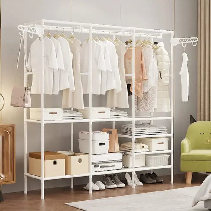 Porte-manteau vertical en métal double rangée pour rangement de vêtements et étagère de sol multifonctionnelle pour chambre à coucher