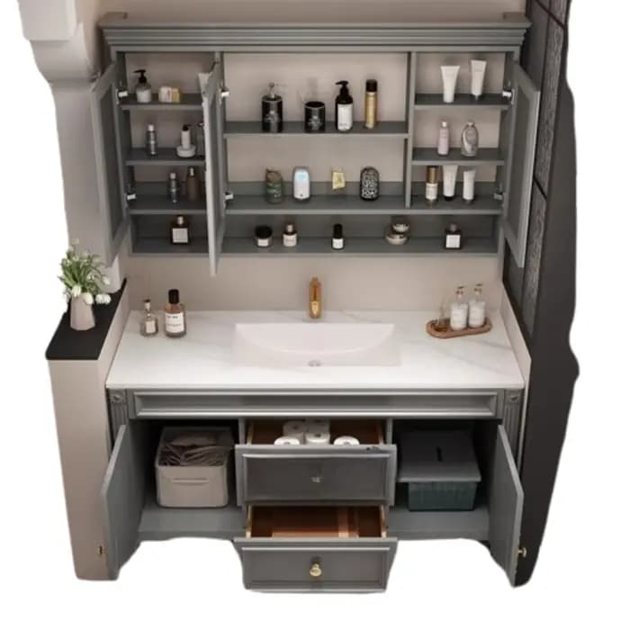 Armoire de salle de bain organisée en chêne