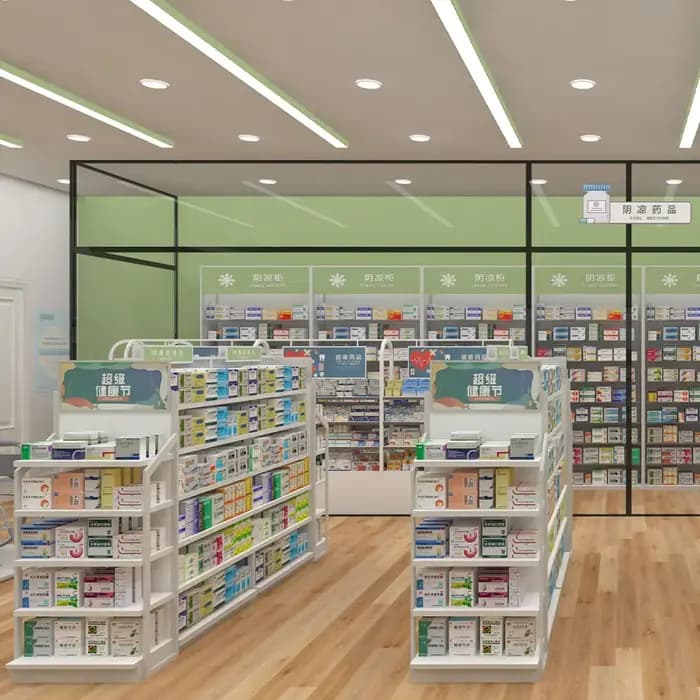 Étagères de pharmacie en bois écologiques 02-DYJYS003-P1, design intérieur de pharmacie pour la prés