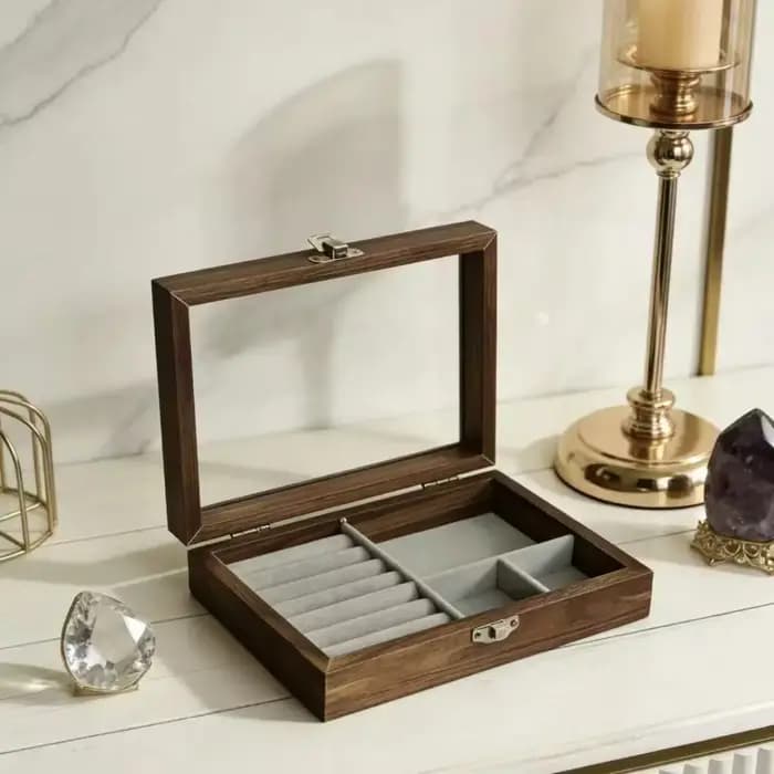 Boîte de rangement pour bijoux avec couvercle en verre, grain de noyer, transparente, boîte à bijoux haut de gamme, anti-poussière et anti-oxydation