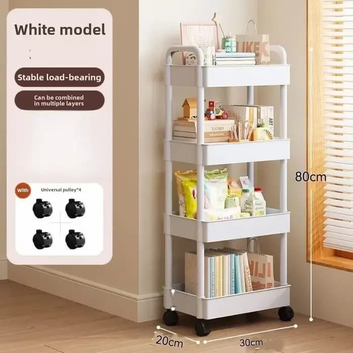 Chariot de rangement multifonctionnel blanc à roulettes : Étagères ouvertes pour espaces de vie, présentoir à livres, idéal pour la cuisine, la chambre à coucher, rangement et décoration