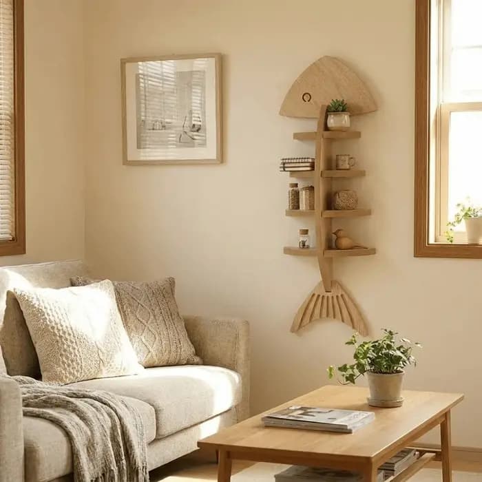 Étagère murale vintage en bois en forme de poisson