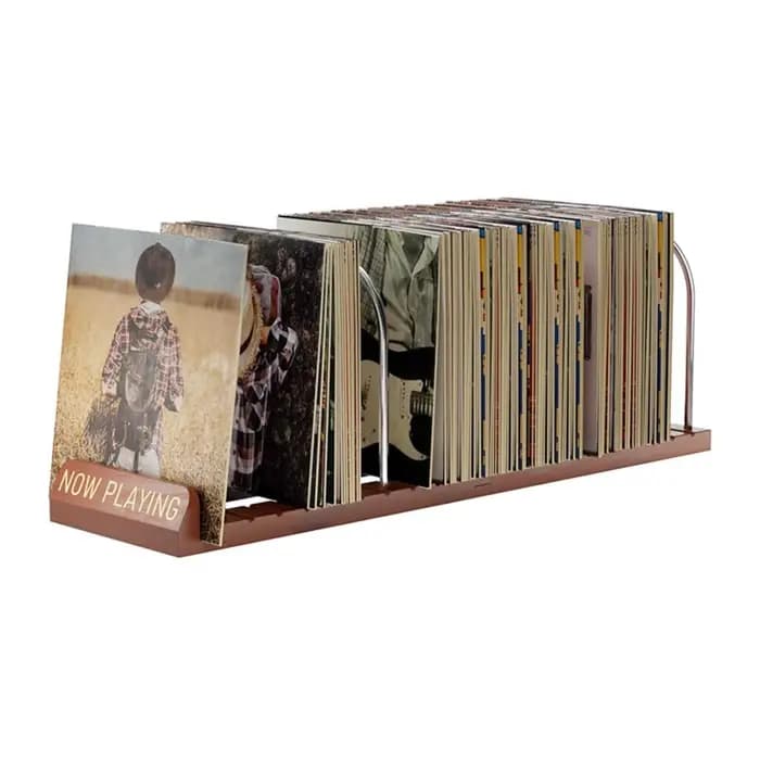 Support de rangement minimaliste en bois et métal pour disques vinyles