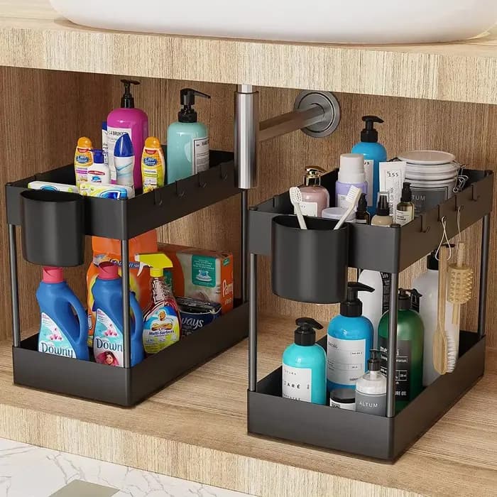 Étagère de rangement coulissante à double niveau sous évier