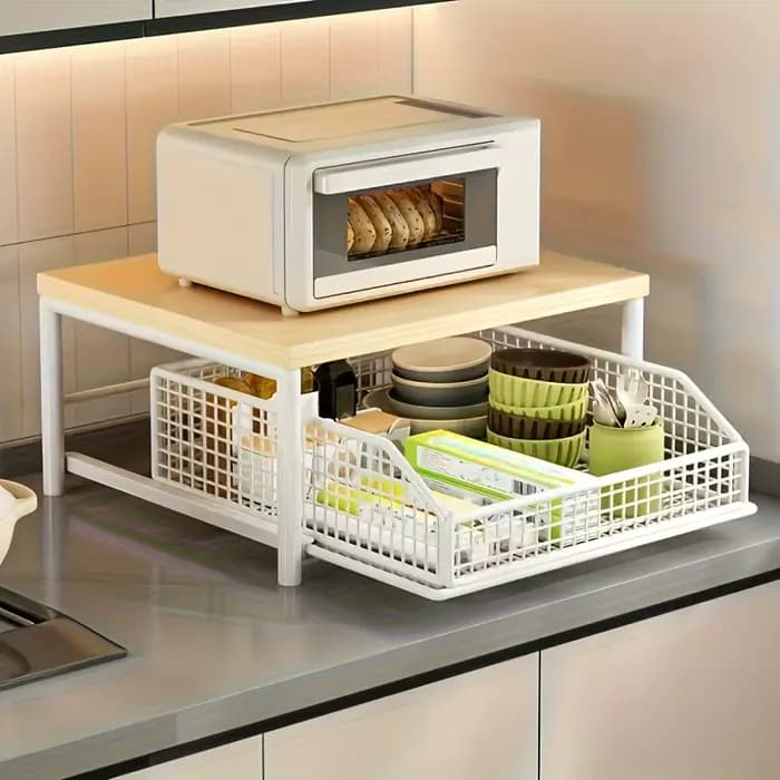 Étagère de rangement de cuisine à 2 niveaux - avec tiroirs + paniers en maille