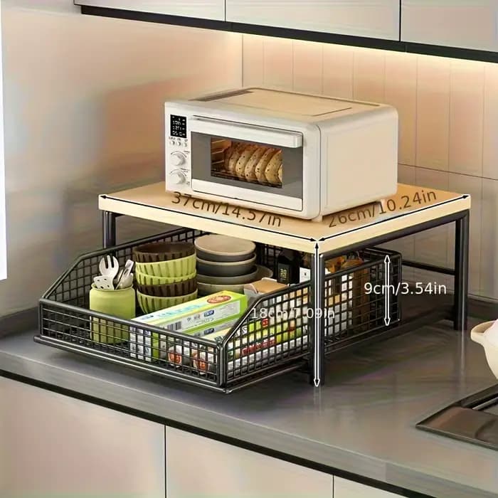 Organisateur de comptoir de cuisine robuste en bois dur, gain de place, avec tiroir et panier en fil métallique pour machine à café