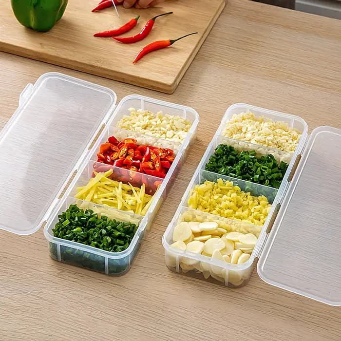 Boîte de rangement alimentaire à 4 compartiments, empilable, pour réfrigérateur, conteneur de conservation des aliments frais, organisateur de gingembre, ail et oignon vert pour la cuisine
