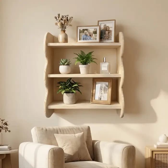 Étagère murale en bois à 3 niveaux, grande capacité, avec vis, bord ondulé, étagère murale en bois, support de rangement mural peu encombrant