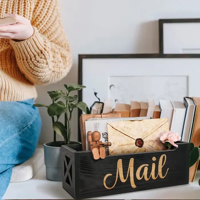 Organisateur de courrier en bois massif - Panier à enveloppes rustique pour bureau