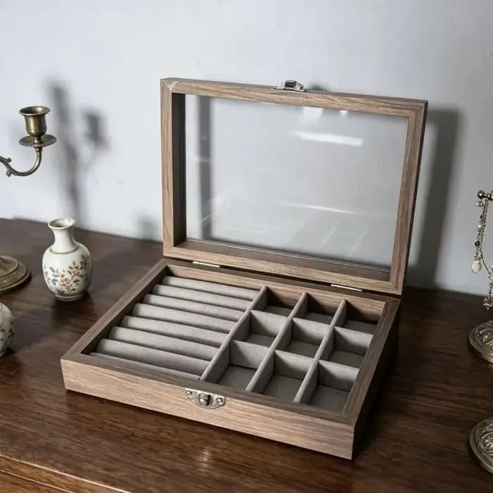 Boîte de rangement pour bijoux avec couvercle en verre, grain de noyer, transparente, boîte à bijoux haut de gamme, anti-poussière et anti-oxydation