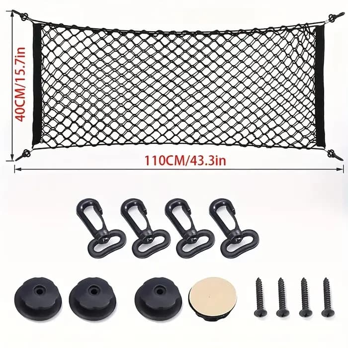 Filet de rangement pour coffre avec crochet extensible et matériau en nylon pour une durabilité accrue. Convient aux camionnettes