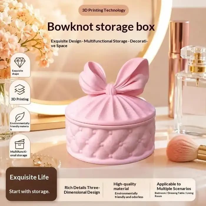 Boîte de rangement pour bijoux de style girly avec nœud, boîte à bijoux ronde anti-poussière, excellent cadeau de décoration de bureau, convient aux filles.