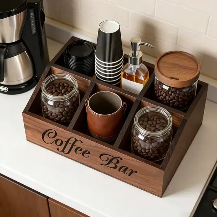 Organisateur de bar à café en bois avec 5 compartiments