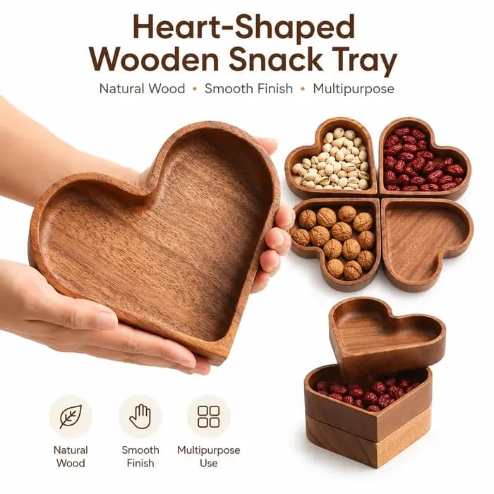 Ensemble de plateaux à collation en bois en forme de cœur QA