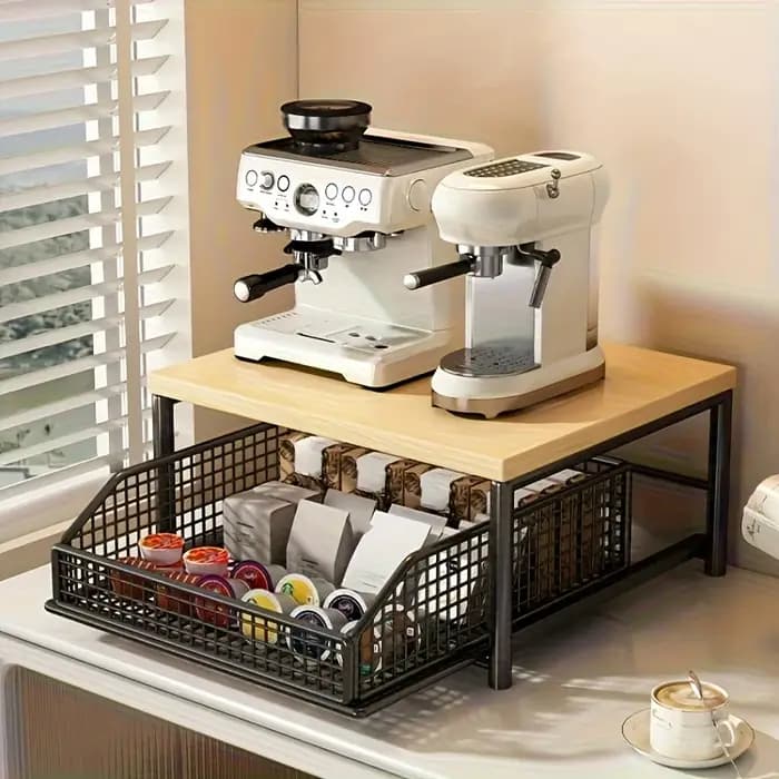 Organisateur de comptoir de cuisine peu encombrant avec tiroir et panier en fil métallique - Étagère robuste en bois dur pour machine à café.