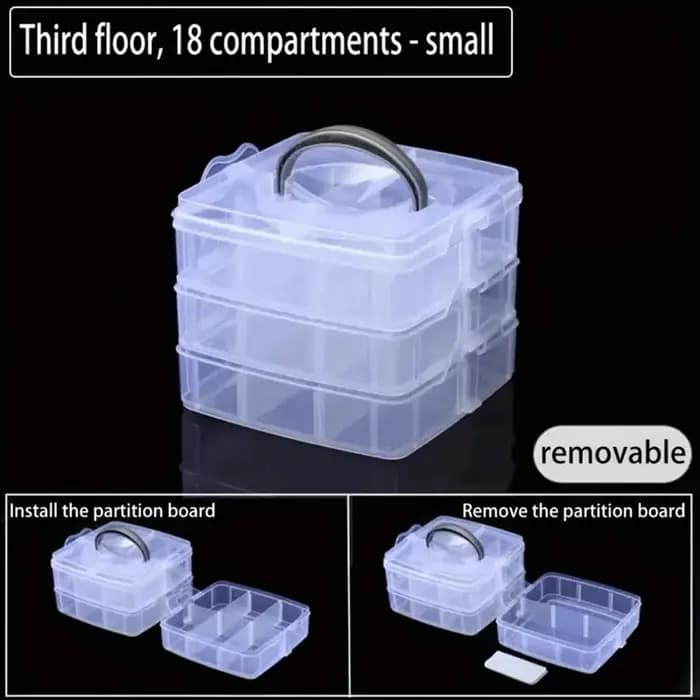Boîte de rangement en plastique transparente empilable réglable à 3 niveaux et 18 compartiments