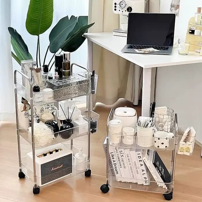 Étagère de rangement transparente à plusieurs niveaux avec roulettes