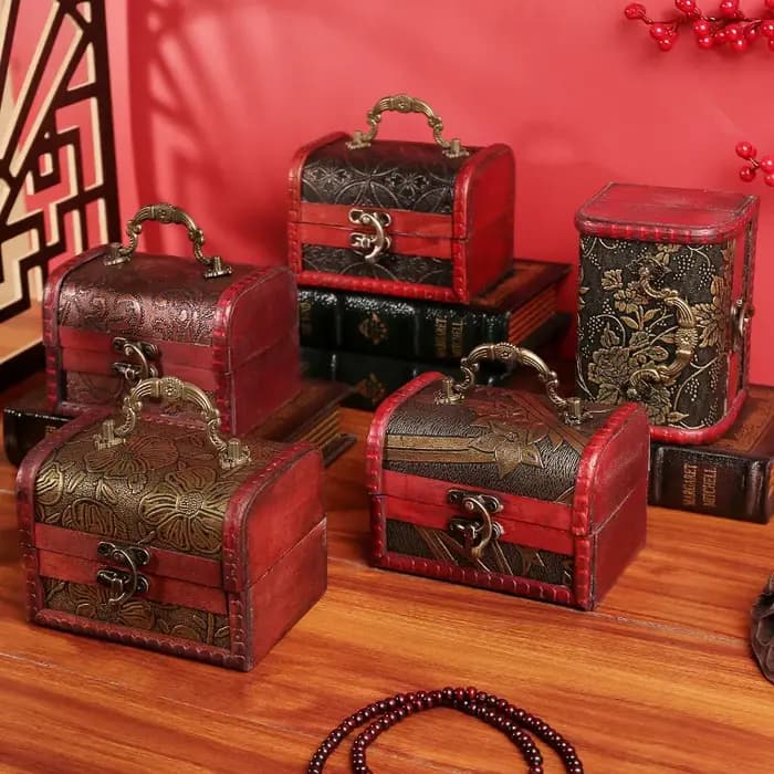Boîte de rangement pour bijoux Yuan Datou en bois antique rétro avec cristal et pierre verte - Meilleure vente