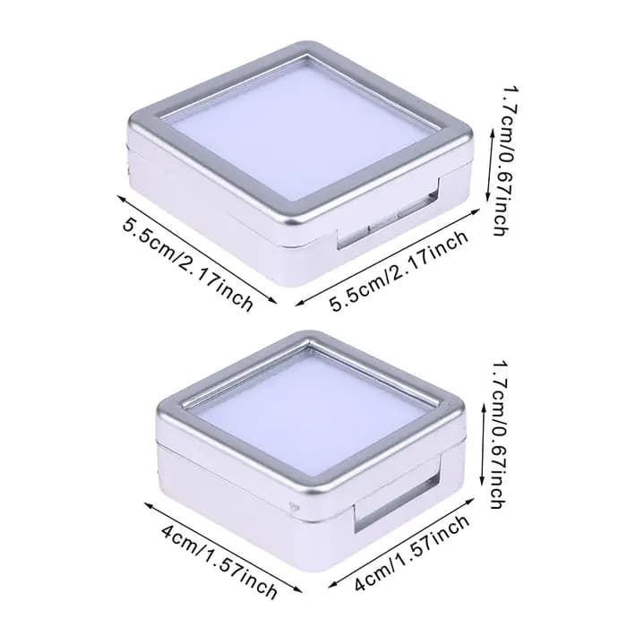 Boîte de présentation et de rangement pour bijoux et pierres précieuses avec couvercle en verre transparent