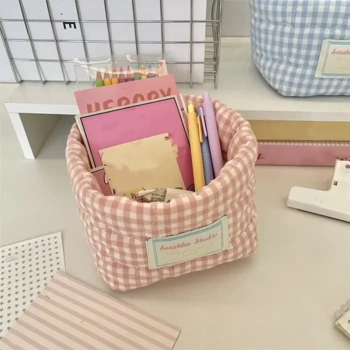 Panier de rangement en tissu à carreaux et rayures