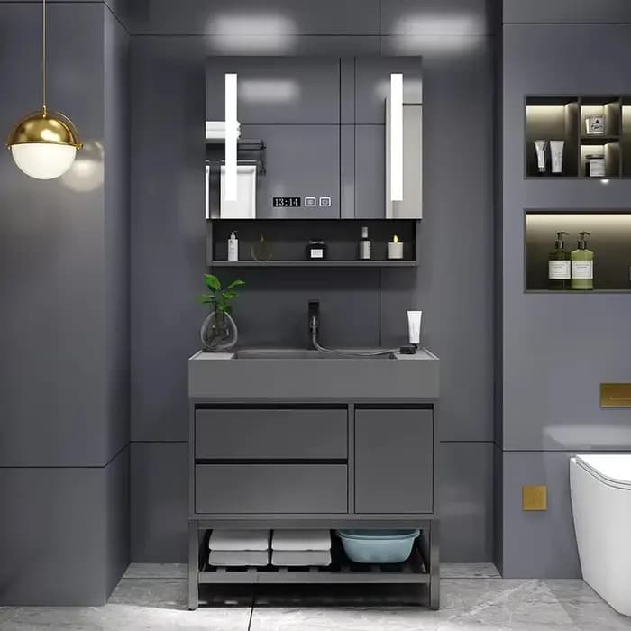Double évier vanité unité salle de bain Mobile maquillage miroir Armoire toilette rangement Armoire