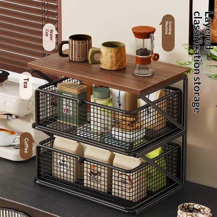 Organisateur d'étagères de comptoir de cuisine, support de rangement à tiroirs en bois de fer, station d'accessoires pour café, pour la maison et le garde-manger