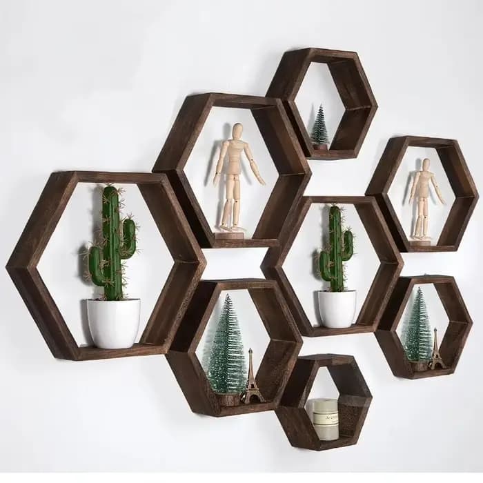 Nouvel arrivage : Ensemble d'étagères flottantes hexagonales et unités de rangement murales en bois massif en nid