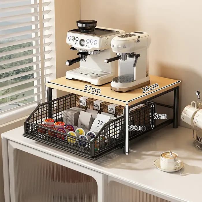 Support de rangement pour micro-ondes de cuisine moderne, structure robuste en bois massif et métal,
