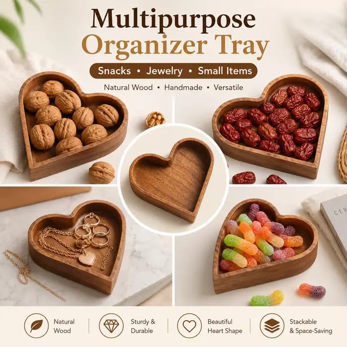Ensemble de plateaux à collation en bois en forme de cœur QA