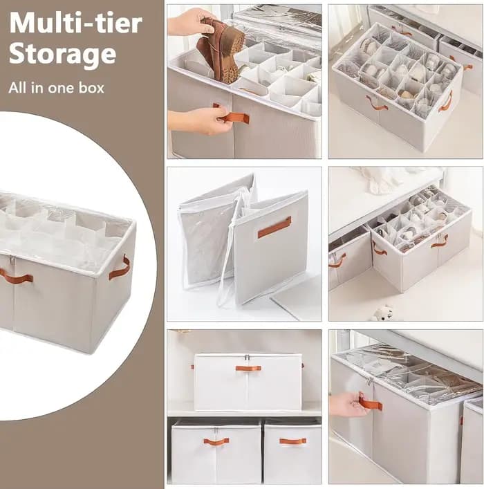 Boîte de rangement pour chaussures pliable en tissu, grande capacité avec couvercle transparent, anti-poussière, poignées pour placard, entrée, chambre