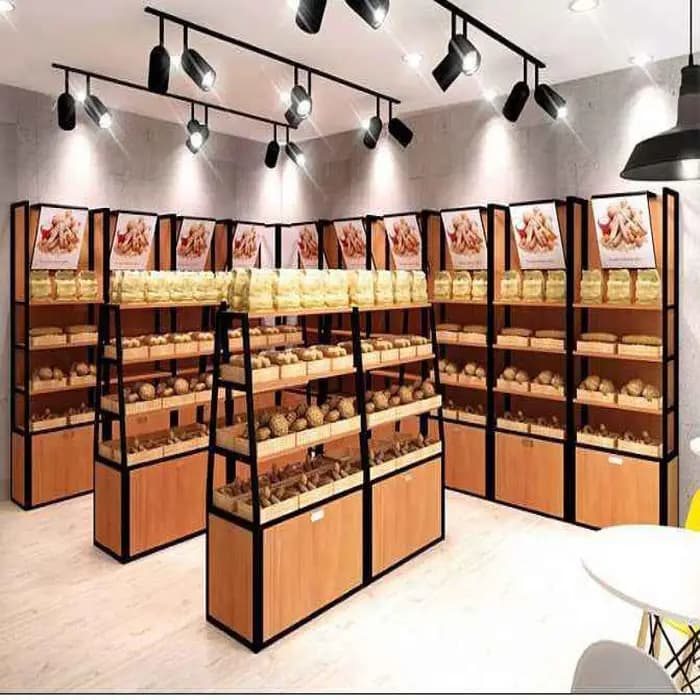 Étagères de supermarché en acier laminé à froid et bois MDF, étagère de boulangerie en bois, présentoir robuste, rayonnage pour magasin de détail