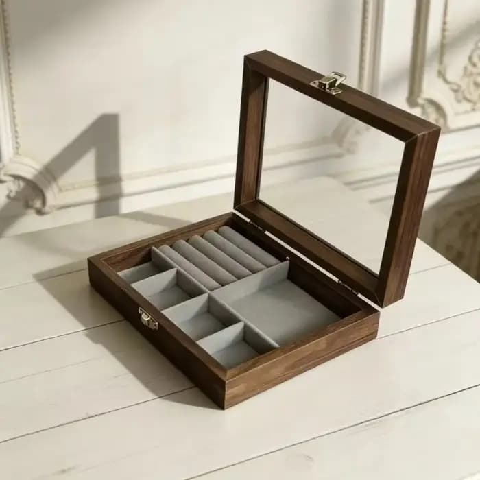 Boîte de rangement pour bijoux avec couvercle en verre, grain de noyer, transparente, boîte à bijoux
