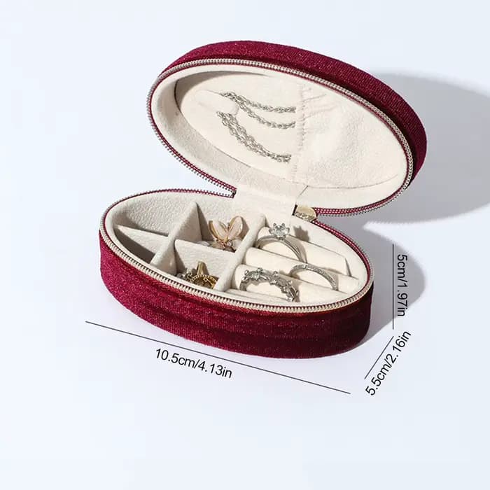 Boîte à bijoux en velours – Organiseur ovale compact avec compartiments divisés et crochet pour collier | Rangement de