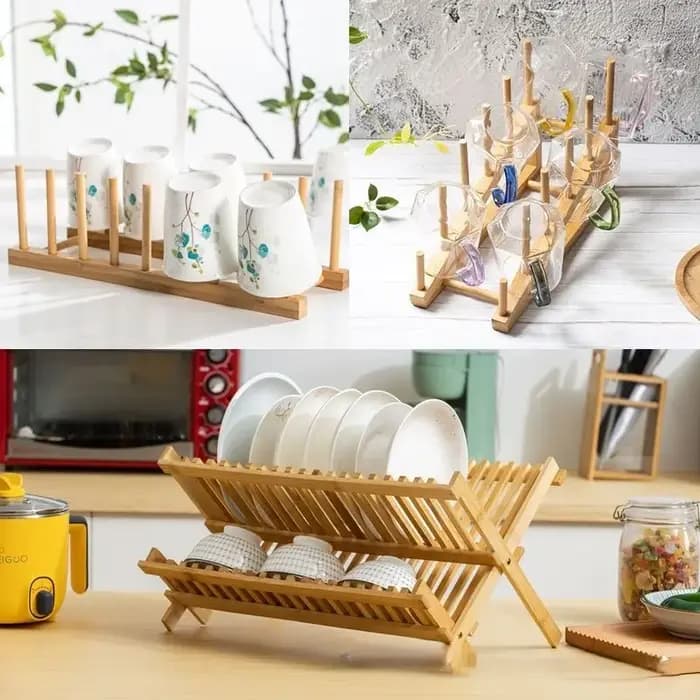 Égouttoir pliable en bambou pour bols et assiettes