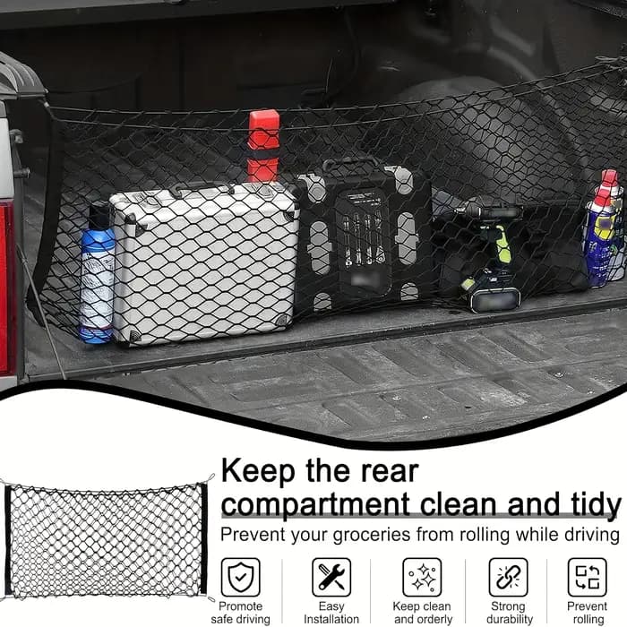 Filet de rangement pour coffre avec crochet extensible et matériau en nylon pour une durabilité accrue. Convient aux camionnettes