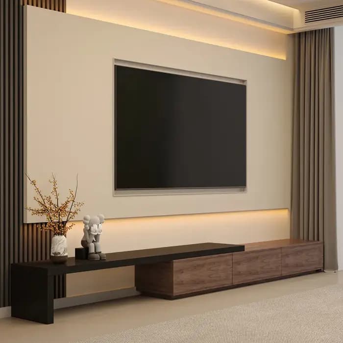 Meuble TV rétractable pour salon, en bois, design simple, noir, style moderne vintage, mobilier pour