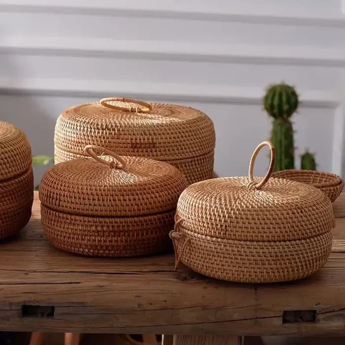 Boîte de rangement ronde en rotin et osier