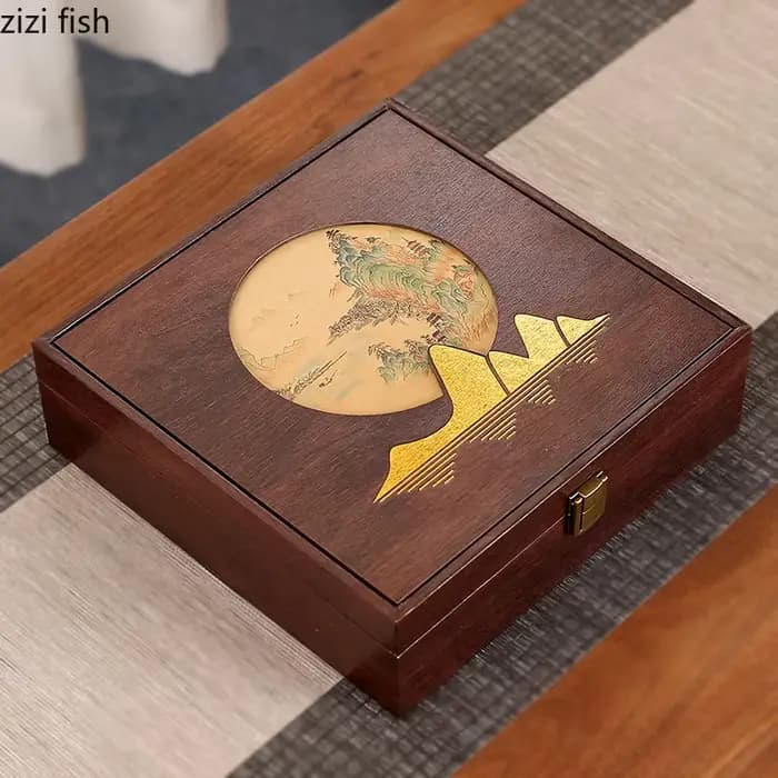 Boîte à thé carrée en bois à rabat