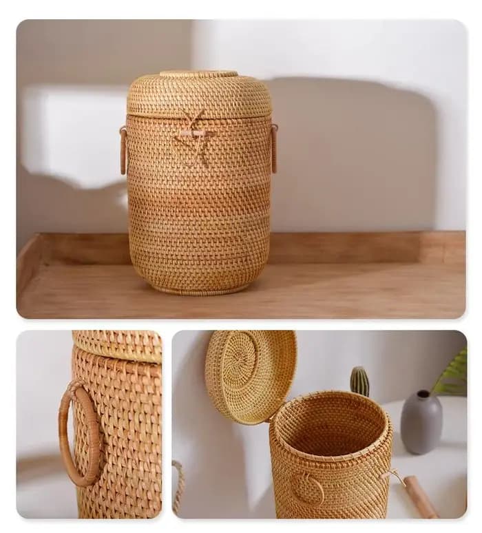 Boîte de rangement de thé en rotin tissé à la main avec couvercle