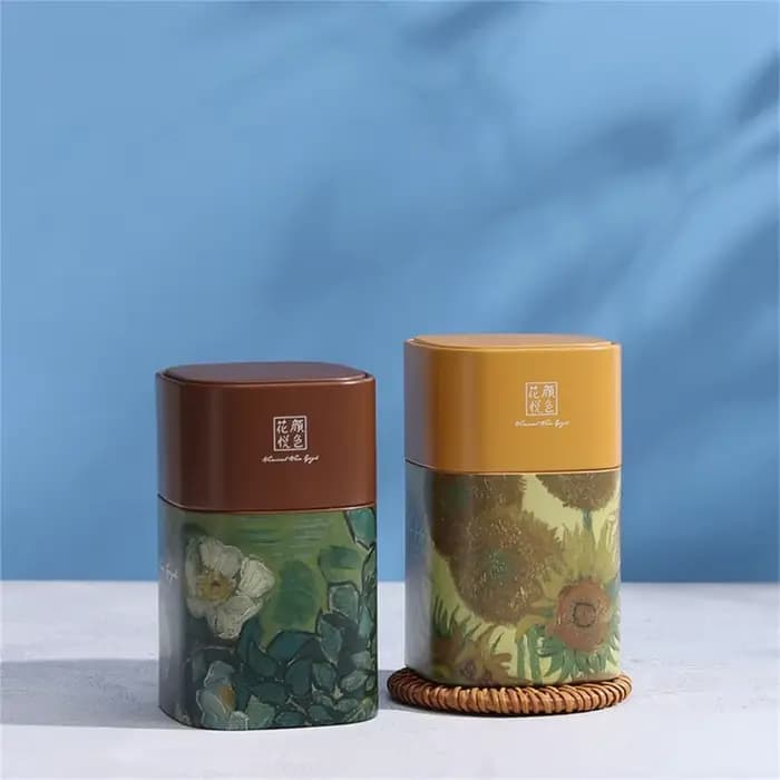 Pot à thé élégant en métal fer-blanc avec motif peinture à l'huile pour stockage du thé en vrac décoration maison et cadeau