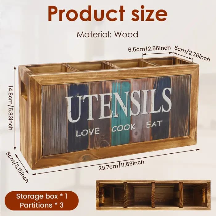 Porte-ustensiles de comptoir à 4 compartiments, boîte de rangement en bois pour la cuisine, spatule,