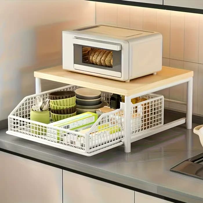 Étagère de rangement de cuisine à 2 niveaux - avec tiroirs + paniers en maille