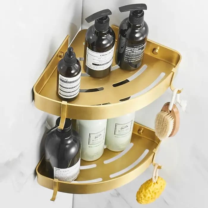 Étagère d'angle de salle de bain en métal doré brossé