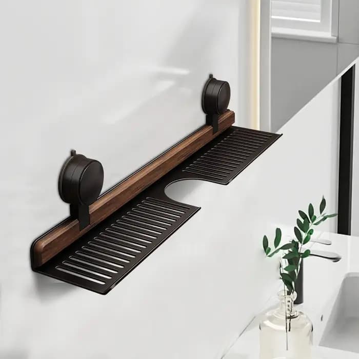 Étagère de salle de bain à ventouse en noyer