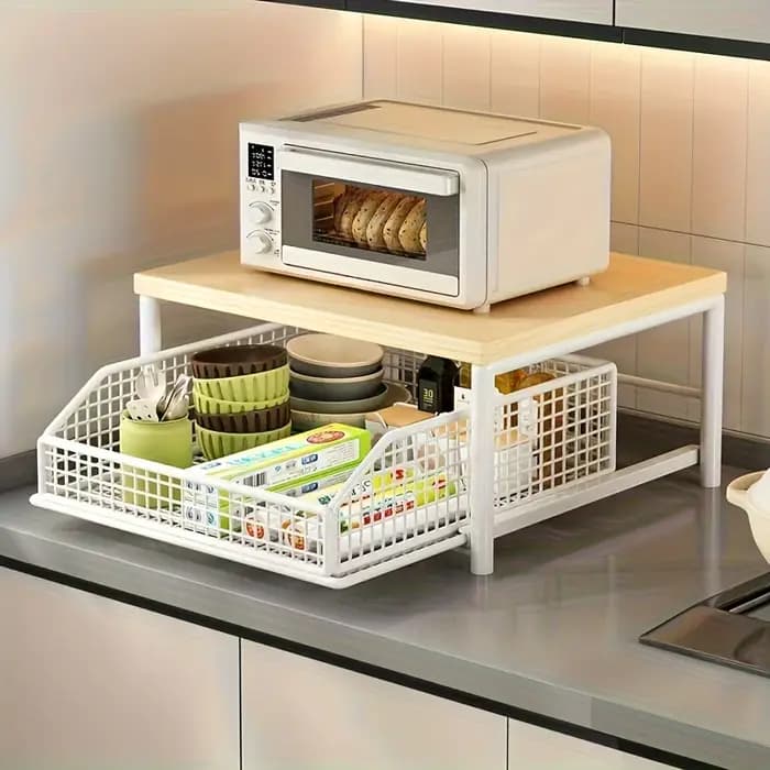 Organisateur de comptoir de cuisine robuste en bois dur, gain de place, avec tiroir et panier en fil