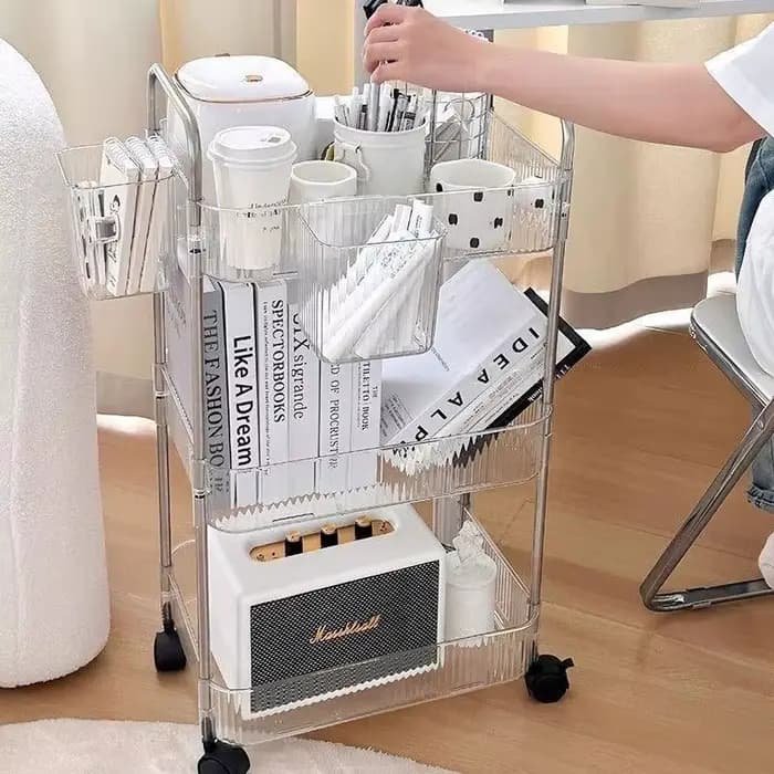 Étagère de rangement transparente à plusieurs niveaux avec roulettes
